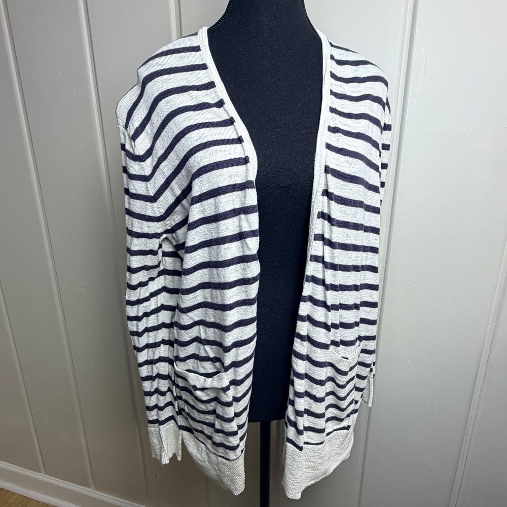 Madewell Womens Medium Blue White Striped Open Front Cardigan Sweater Pockets